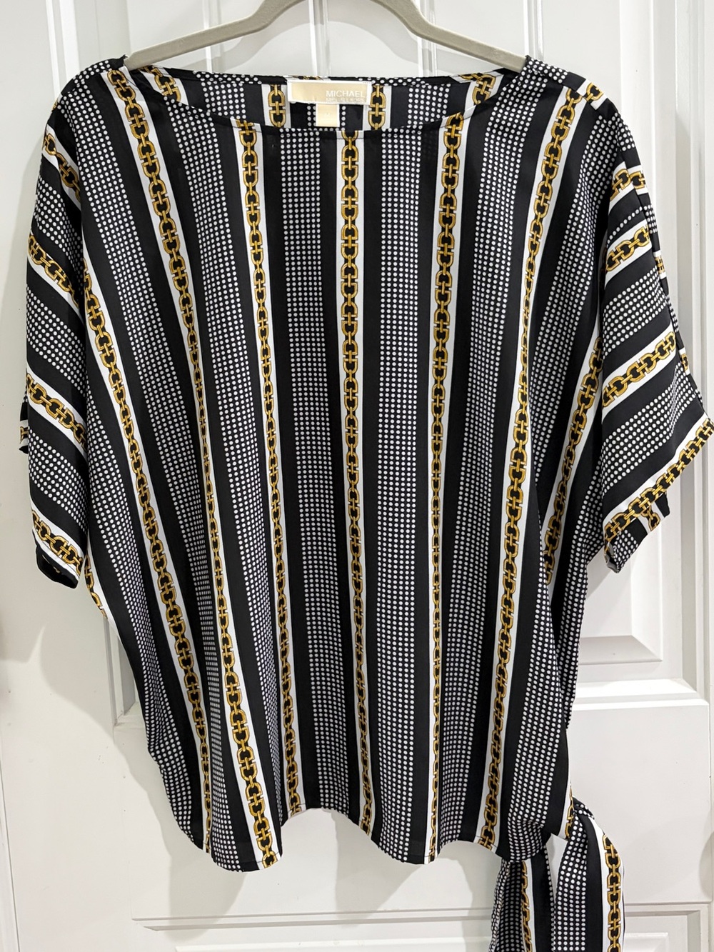 Michael Kors Black, White & Gold Chain-Print Top with Side Tie Detail, Medium